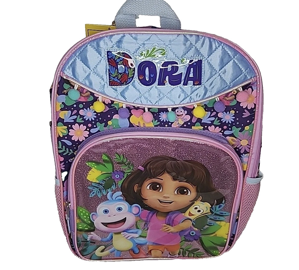 Dora Explorer & Boots School Backpack with Pom Poms Purple Pink NEW